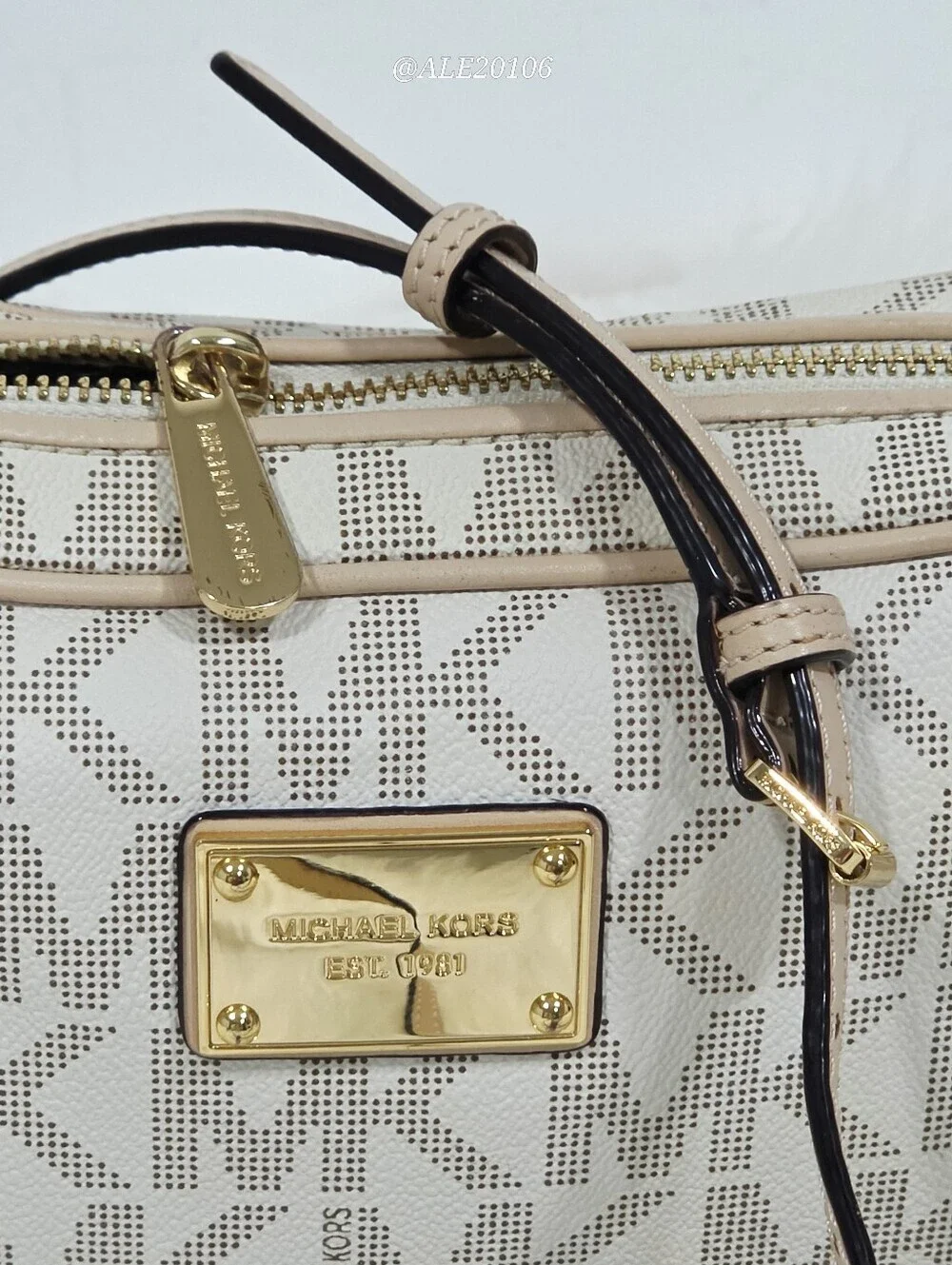 Michael Kors Beige Cream MK Monogram Crossbody Bag Gold Chain Purse